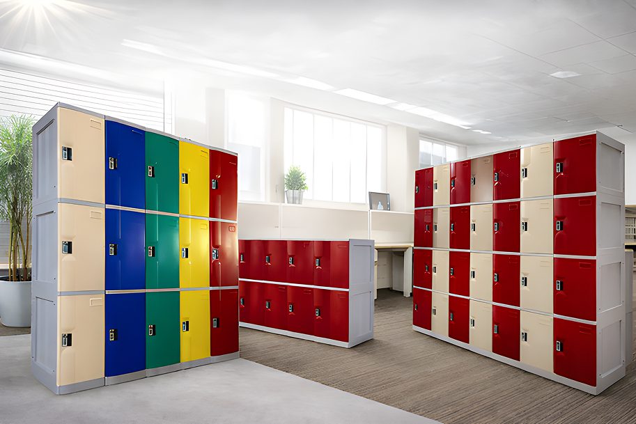 A bright, modern facility showcasing various configurations of Avios abs lockers singapore storage systems. The setup features a tall, multi-colored three-tier locker unit on the left, a compact two-tier red locker in the center, and a tall red-and-cream checkered locker bank on the right, all equipped with secure locking mechanisms.
