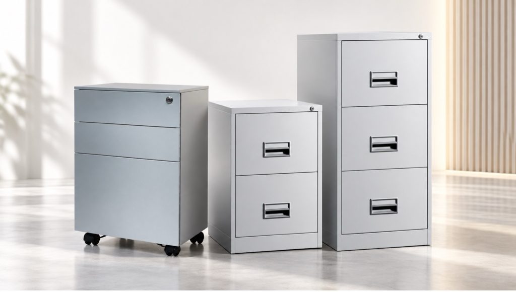 Small office storage ideas featuring a mobile pedestal and compact vertical filing cabinets