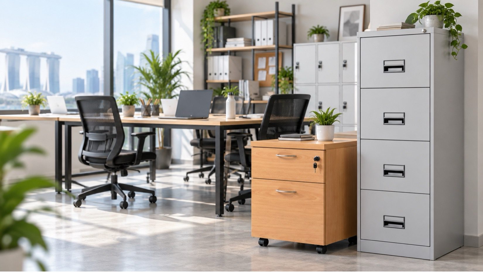 Small office storage ideas with mobile pedestal, filing cabinet and shared workspace storage in a modern