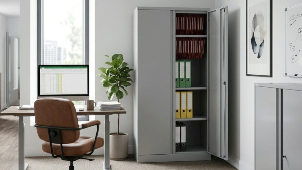 Avios | How to Maximise Office Storage Without Using More Floor Space Full-height storage cabinet showing how to maximise office storage without using more floor space