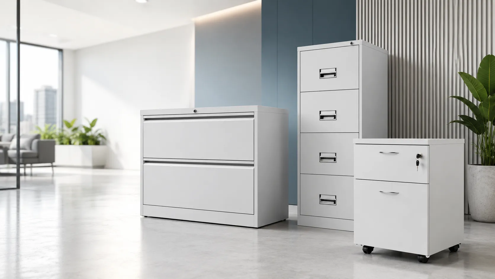 lateral filing cabinet and vertical filing cabinet and mobile pedestals in the same place