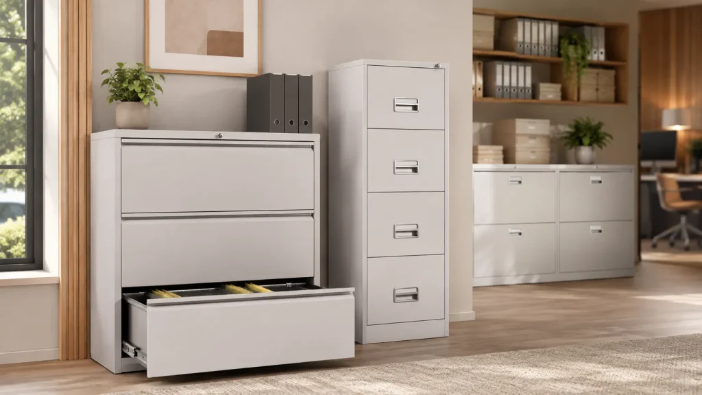 Avios | Mobile Pedestal vs Filing Cabinet: Which Suits Each Role? Lateral and vertical filing cabinets in a modern office storage area with organised files and shelving