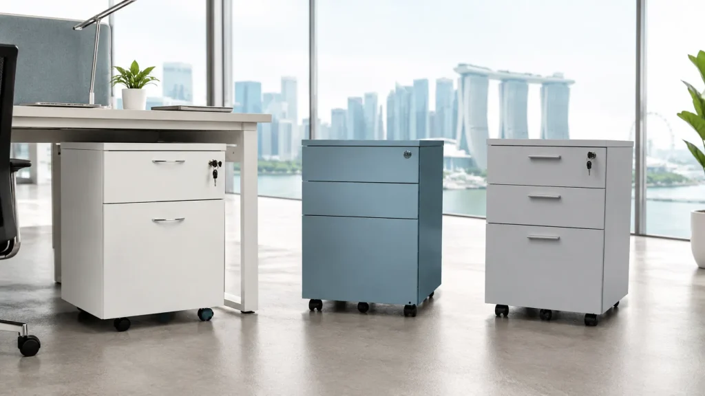 Avios | Mobile Pedestal vs Filing Cabinet: Which Suits Each Role? Three mobile pedestal drawer units in a modern Singapore office with the city skyline in the background for comparison of mobile pedestal vs filing cabinet
