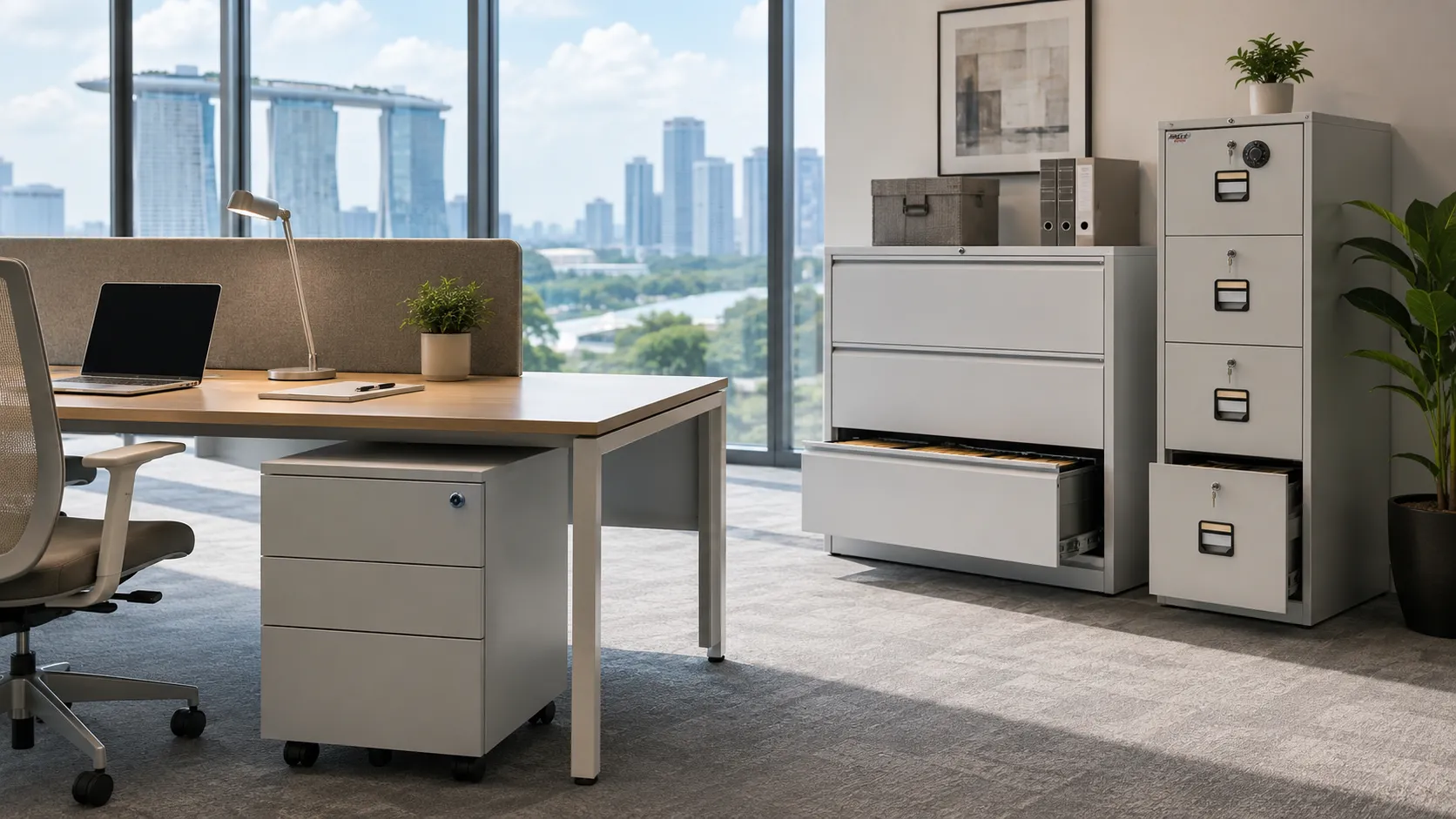 Mobile pedestal vs filing cabinets in a modern Singapore office with the city skyline in the background
